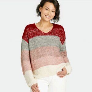 NWOT Knox Rose Women's V-Neck Chunky Stripe Pullover Sweater in Rouge Red, XXL